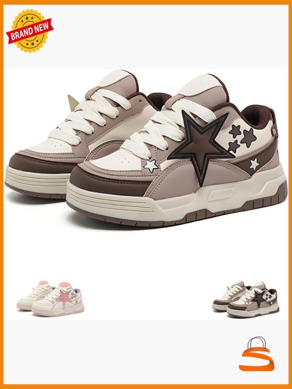Y2K Star Sneakers Round Toe Lace-Up Walking Shoes Cute Detail Comfort Grip US